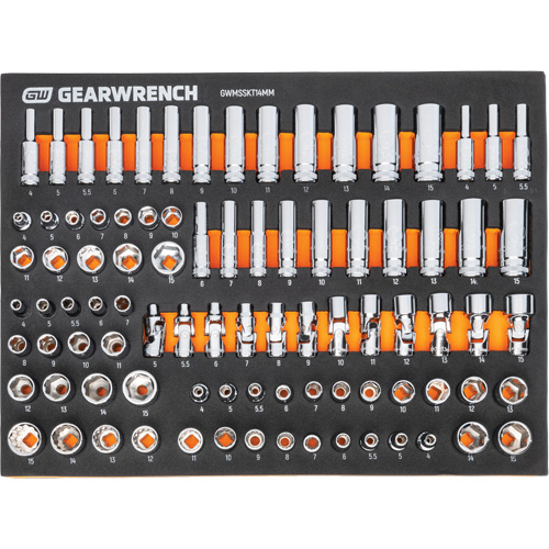 Jeu d'outils m&eacute;triques pour m&eacute;canicien MEGAMOD dans des plateaux en mousse modulaire avec armoire roulante &agrave; outils, 358 morcea MAS Chibougamau