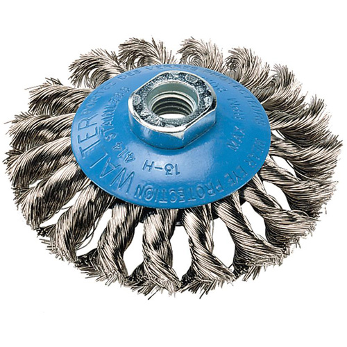 Knot-Twisted Saucer Cup Wire Wheel, 5" Dia., 0.02" Fill, 5/8"-11 Arbor, Aluminum/Stainless Steel MAS Chibougamau