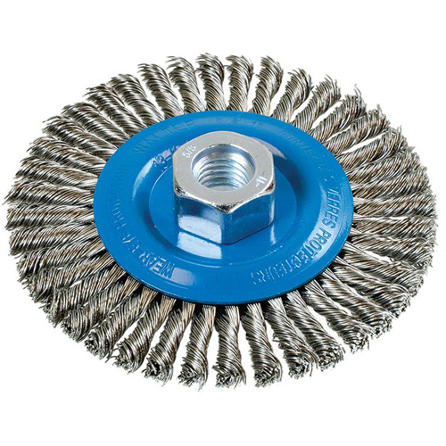 Stringer Bead Knotted Wire Brush, 4-1/2" Dia., 0.02" Fill, 5/8"-11 Arbor, Aluminum/Stainless Steel MAS Chibougamau