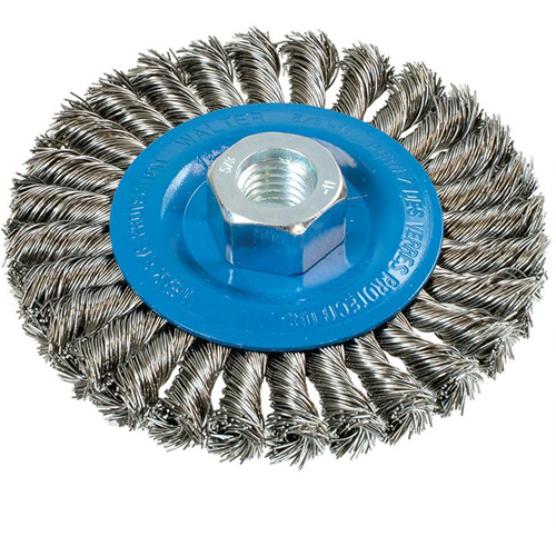 Wide Knotted Wire Wheel Brush, 4-1/2" Dia., 0.02" Fill, 5/8"-11 Arbor, Aluminum/Stainless Steel MAS Chibougamau