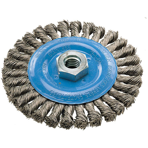 Brosse rotative &agrave; fils nou&eacute;s large, Dia. 5", Fils 0,02", Arbre 5/8"-11, Aluminium/Acier inoxydable MAS Chibougamau