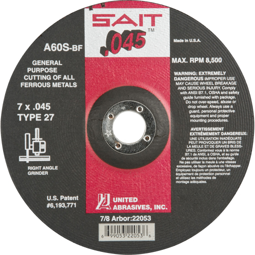 Depressed Center Cut-Off Wheel, 7" x 0.045", 7/8" Arbor, Type 27, Aluminum Oxide, 8500 RPM MAS Chibougamau