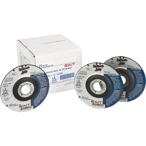 Cut-Off Wheel, 4-1/2" x 0.045", 7/8" Arbor, Type 27, Aluminum Oxide/Ceramic, 13500 RPM MAS Chibougamau
