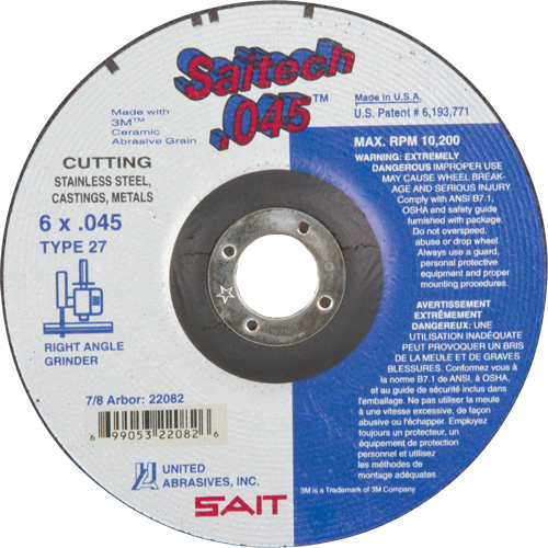 Cut-Off Wheel, 6" x 0.045", 7/8" Arbor, Type 27, Aluminum Oxide/Ceramic, 10200 RPM MAS Chibougamau