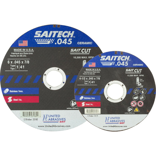 Cut-Off Wheel, 14-1/2" x 0.045", 5/8" Arbor, Type 1, Aluminum Oxide/Ceramic, 13300 RPM MAS Chibougamau