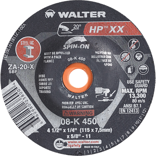 Double-X Depressed Centre Grinding Wheel, 4-1/2" x 1/4", 5/8"-11 Arbor, Type 27S MAS Chibougamau