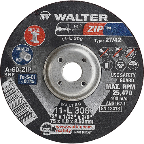 Disque de meulage et de tronçonnage Zip, 3" x 1/13", Arbre de 3/8", Type 27, Grain de 60, Oxyde d'aluminium MAS Chibougamau