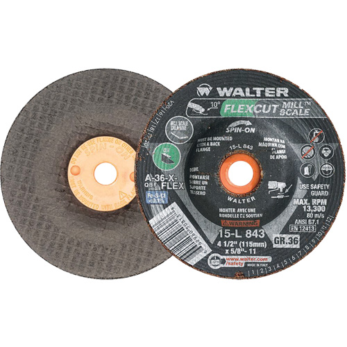 FLEXCUT MILL SCALE Grinding Wheel, 4-1/2", 36 Grit, Aluminum Oxide, 5/8"-11, 13300 RPM, Type 29 MAS Chibougamau