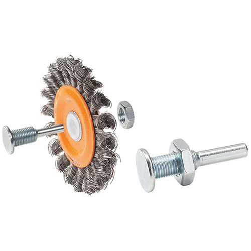 Brosse rotative mont&eacute;e &agrave; fils nou&eacute;s torsad&eacute;s r&eacute;versible, Dia. 3", Fils 0,0118", Arbre 1/2", Acier MAS Chibougamau