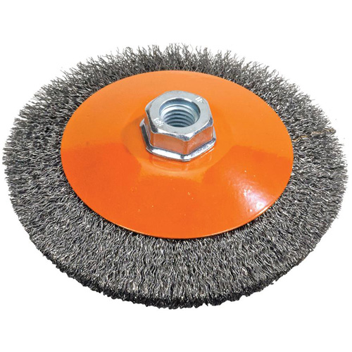 Saucer Crimped Wire Wheel, 6" Dia., 0.012" Fill, 5/8"-11 Arbor MAS Chibougamau