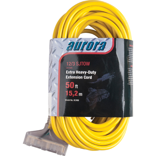 Vinyl Extension Cord with Light Indicator, Outdoor, SJTOW, 12/3 AWG, 15 A, 3 Outlet(s), 50' MAS Chibougamau
