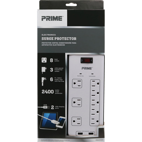 Limiteurs de surtension avec chargeur USB, 8 Prises, 2400 J, 1875 W, Cordon 6' MAS Chibougamau