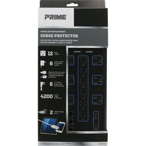 Limiteurs de surtension avec chargeur USB, 12 Prises, 4200 J, 1875 W, Cordon 6' MAS Chibougamau