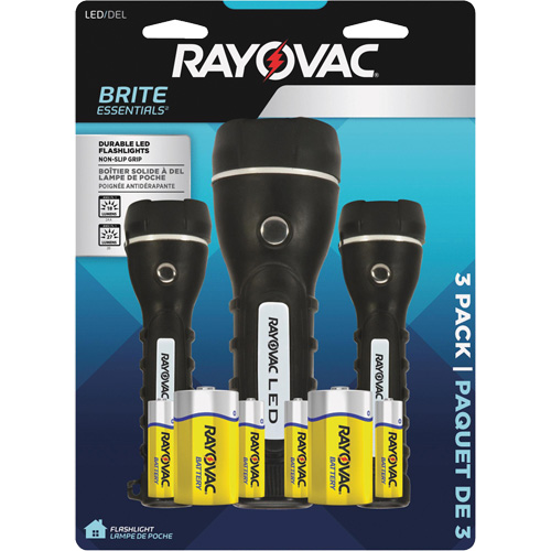 Ensemble de lampes de poche robustes caoutchout&eacute;es Brite Essentials, DEL, 40/26 lumens, Piles D/AA MAS Chibougamau