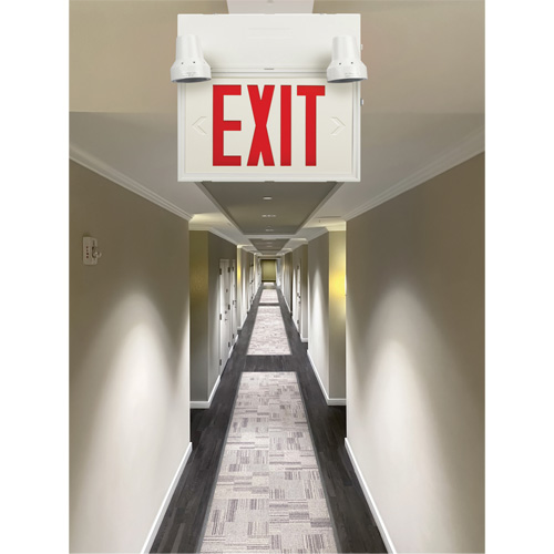 Exit Sign with Security Lights, LED, Battery Operated/Hardwired, 12-1/10" L x 11" W, English MAS Chibougamau