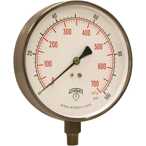 Manom&egrave;tre pour entrepreneur,  4-1/2", 0 - 100 psi, Fixation inf&eacute;rieure, Analogique MAS Chibougamau