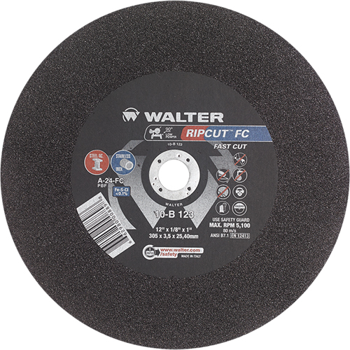Ripcut Stainless Steel & Steel Cut-Off Wheel for Stationary Saws, 12" x 1/8", 1" Arbor, Type 1, Aluminum Oxide, 5100 RPM MAS Chibougamau