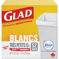 Tr&egrave;s petits sacs &agrave; ordures 15 L avec Febreze, R&eacute;gulier, 17" la x 20" lo, Blanc MAS Chibougamau