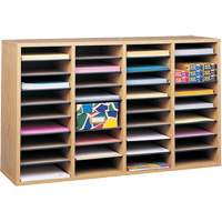 Adjustable Compartment Literature Organizer, Stationary, 36 Slots, Wood, 39-1/4" W x 11-3/4" D x 24" H MAS Chibougamau