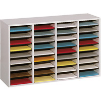 Adjustable Compartment Literature Organizer, Stationary, 36 Slots, Wood, 39-1/4" W x 11-3/4" D x 24" H MAS Chibougamau
