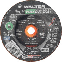 Meule FLEXCUT MILL SCALE, 4-1/2", 36 Grain, Oxyde d'aluminium, 5/8"-11, 13 300 Tr/min, Type 29 MAS Chibougamau