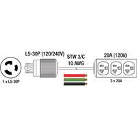 Generator Extension Cord with Tritap, STW, 10 AWG, 3 Outlet(s), 25' MAS Chibougamau